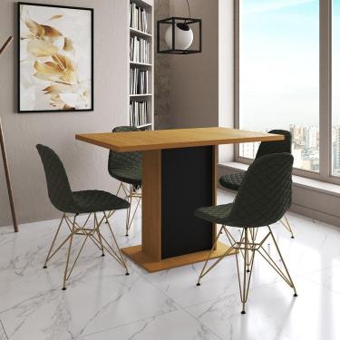 Imagem de Mesa Jantar Londres Tampo Canela 120Cm Base Preta 4 Cadeiras Base Dourado Estofado Verde