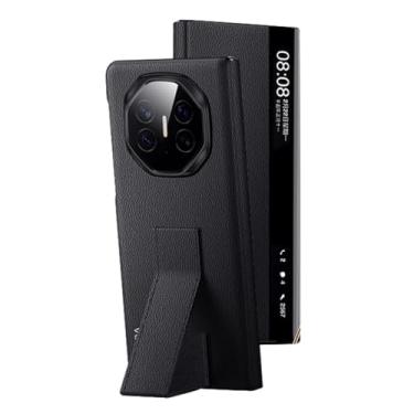Imagem de HAOMRIYL Capa de couro real para Huawei Mate Xts, capa de telefone dobrável com janela lateral inteligente, alça de pulso dobrável, suporte fólio, capa à prova de choque, preta, Mate XTs