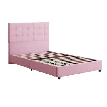 Imagem de Mbeysaq Estrutura de cama estofada de tamanho completo com cabeceira de canal vertical acolchoada macia e 4 gavetas de armazenamento, cama moderna com, fácil montagem de móveis de quarto