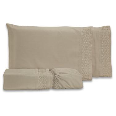 Imagem de Jogo De Cama Lençol Harmony Bordado Geométrico Percal 300 Fios Com Fronhas Queen 04 Peças - Toque Acetinado Cor Caqui