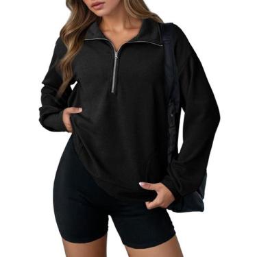 Imagem de Moletom Dokotoo Waffle Knit Lapela com decote em V e meio zíper preto