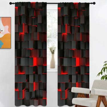 Imagem de Kikiry Cortina preta e vermelha 106,7 cm L x 213,4 cm C longo gótico gótico xadrez xadrez vinho escuro abstrato moderno bolso legal varão sala de estar quarto cortinas cortinas tratamento tecido 1 par