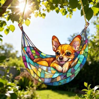 Imagem de 1 peça O cão Chihuahua em rede, enfeite de acrílico para pendurar apanhador solar, decoração de janela de 18 cm com design de vitral impresso, ideia de presente e ornamento de jardim para uso interno