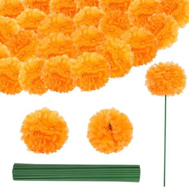 Imagem de 60 cabeças de flores de calêndula Diwali com hastes, flores artificiais de calêndula para o dia dos mortos, flores artificiais laranja para decoração de casa, casamento indiano, guirlanda de calêndula