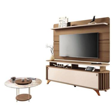 Imagem de Rack Bancada Alba Com Painel Curv Com Mesa De Centro Sky Com Tampo De Vidro Castanho Off White – Hb Móveis