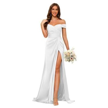 Imagem de Vestido de dama de honra Dessiny Mermaid Satin Off Shoulder White