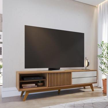 Imagem de Bancada Tv Genebra Portas Ripadas Duas Gavetas Pés Em Madeira Freijó-off White G73 Gran Belo