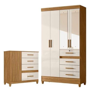 Imagem de Guarda Roupa Solteiro Sobral Com Espelho E Cômoda Vênus Com Pés Freijó Off White – Moval