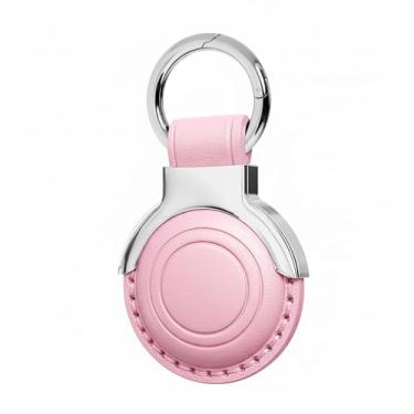 Imagem de Woyinger Chaveiro de couro genuíno para AirTag - Capa protetora feita à mão premium com chaveiro, design oculto seguro, pacote tudo-em-um, rosa flor