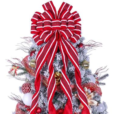 Imagem de Topo de árvore de Natal, laço grande, guirlanda de Natal, enfeite de árvore, tecido flocado com borda crua branca, laços de presente para enfeite de Natal, casa, Ação de Graças, decoração interna