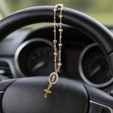 Imagem de Tuxihapp Acessório de pingente de rosário de volante, rosário de bênção personalizado, pingente de espelho retrovisor de carro, acessórios religiosos para pendurar no interior para mulheres e homens