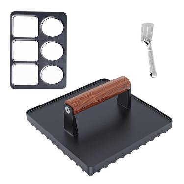 Imagem de KEESHA Prensa de hambúrguer de 25,4 cm, prensa grande de ferro fundido com cabo de madeira, prensa de bife resistente com marcas de grelha profissional, 2,3 kg, 25,4 cm x 25,4 cm