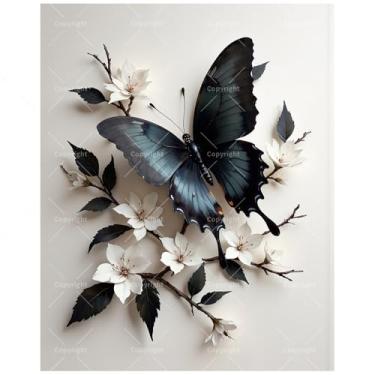 Imagem de TAOPAOLAB Kit de pintura natural por números para adultos - DIY borboleta preta e flores brancas pintura em tela 40,6 x 50 cm, conjunto de tinta acrílica emoldurada para iniciantes, arte de parede