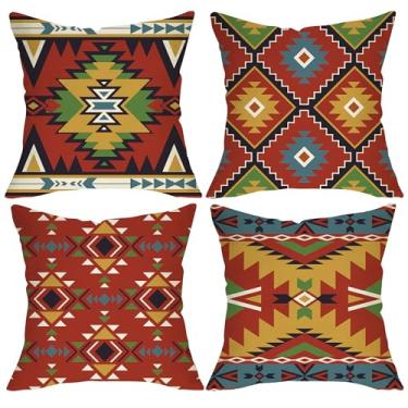 Imagem de Fjfz Capas de almofada decorativas do sudoeste indígena nativo americano 45,7 x 45,7 cm conjunto de 4, boho vintage asteca navajo tribal varanda decoração de casa ao ar livre, capa de almofada de sofá