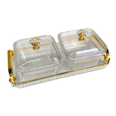 Imagem de Bandeja Acrílica Alças Douradas e Conjunto 2 Potes Tampa + Bandeja Transparente Organização Decoração kit Mesa Pote Luxo Café Petiscos Acrílico
