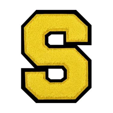 Imagem de 1 PÇ Patch de letra de chenille amarelo de 11,4 cm com borda preta – Remendos do alfabeto para roupas, jaquetas, mochilas, chapéus para decoração personalizada, nome personalizado e artesanato. (P)