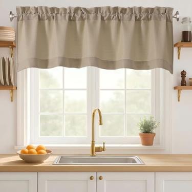 Imagem de Ebesto Camel Window Valance 45,7 cm de comprimento, cortina de janela pequena texturizada de serapilheira de linho falso, sanefa de bolso de haste dupla com filtro de luz para cozinha, banheiro, sala
