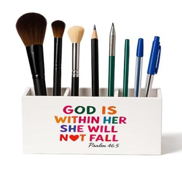 Imagem de Evcprz God Is Within Her She Will Not Fall Porta-lápis cristão para mesa, suporte de escova de dentes religiosa inspiradora, organizador e armazenamento para acessórios de banheiro