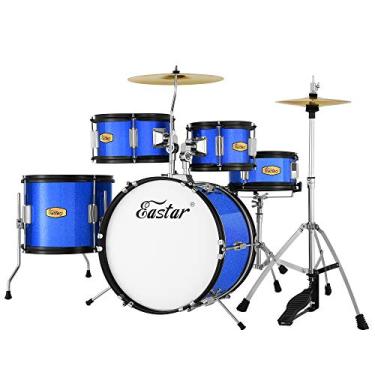 Imagem de Bateria Eastar 40,64 cm 5 peças, kit de bateria júnior para iniciantes com trono e prato ajustáveis, pedal e baquetas, azul metálico (EDS-350Bu)