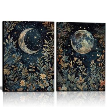 Imagem de 2 peças de arte de parede em tela botânica mística noite estrelada imagem de pôster escuro preppy impressão Moody William Morris estilo arte quarto sala de estar galeria decoração 30,5 x 40,6 cm