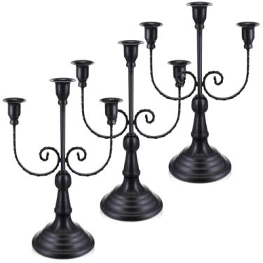 Imagem de Dandat 3 peças de castiçal de metal com 3 braços, castiçal alto, castiçal gótico, para casa, casamento, igreja, festa de Natal (retrô, 29 cm, preto)