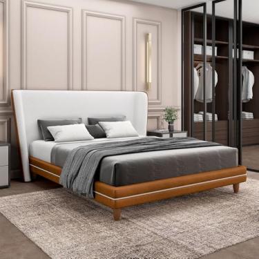 Imagem de Conjunto Cama com Cabeceira Queen Torres PÃ:copyright:s em Madeira PU/Bouclê Caramelo/Off White G91 - Gran Belo