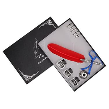 Imagem de Conjunto de caneta de imersão de pena de pena retrô vintage com 5 pontas de metal substituíveis Caneta de escrita de caligrafia antiga e elegante para artistas escritores (Vermelha)