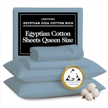 Imagem de THE LINEN COMPANY NEW YORK Lençóis Queen de algodão egípcio certificado Giza - 400 fios genuínos - Hotel luxuoso, amigo da pele, respirável, lençóis de cetim naturalmente sedosos, certificado Oeko-TEX