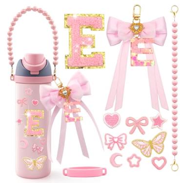 Imagem de LBU 12 peças de acessórios de letras para garrafa de água Owala 24/32/1,134 g com adesivo inicial fofo, chaveiro de letra do alfabeto de laço, alça de alça peral, decorações para copo Owala Freesip