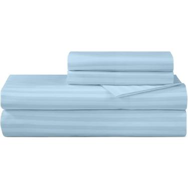 Imagem de ROYALE LINENS Jogo de lençol listrado 300 fios 100% algodão penteado de fibra longa – 4 peças casal: lençol com elástico, lençol liso, 2 fronhas – lençóis frescos, listrado azul (Stripe Lake Blue)
