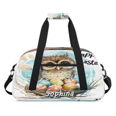Imagem de Bolsa esportiva personalizada, com ovo de coruja de páscoa, fofa, com nome, bolsa de dormir personalizada, bolsa de fim de semana, bolsa de treino para dança, balé, academia, ginástica, mala, viagem