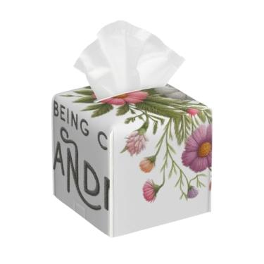 Imagem de Capa quadrada de couro para caixa de lenços à prova d'água, desenho animado, flor, palavra, organizador de papel facial com cinto inferior, estojo de lenços para mesa, banheiro, escritório, mesa