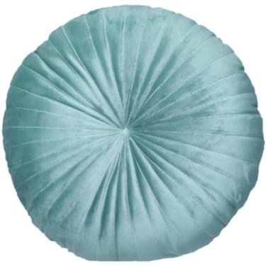 Imagem de Almofada Decorativa Redonda Veludo, Azul Claro Turquesa, Formato Circular com Pregas Radiais