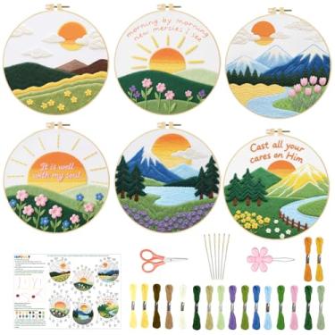 Imagem de INFUNLY 6 conjuntos de kit de bordado de paisagem para iniciantes com cenário de sol para iniciantes, 29 x 29 cm, conjunto de costura manual A Better Life, com instruções passo a passo para decoração