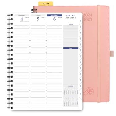 Imagem de POPRUN Agenda 2024-2025 com encadernação espiral (21,6 cm x 28 cm) Calendário do ano acadêmico (julho de 2024 a julho de 2025) Livro de compromissos semanais trimestrais por hora, capa de couro, abas