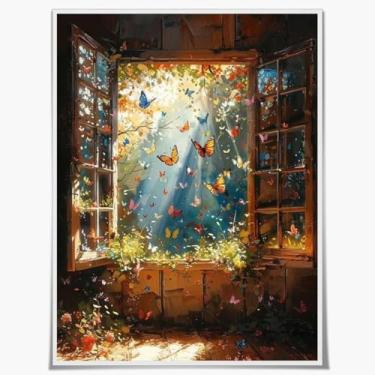 Imagem de Arte de parede em tela de primavera - Colorida Borboleta Janela Floral Natureza Decoração de Parede para Interior Sala de Estar Quarto Casa Vibrante Decorativo Primavera Impressão Arte Pôster 20 x 25