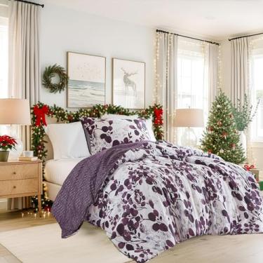 Imagem de Conjunto de edredom leve Seersucker botânico, tamanho solteiro, edredom de cama reversível, conjunto de cama de microfibra premium, conjunto de edredom e fronha, ameixa