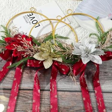 Imagem de Guirlanda de metal de Natal, argola de metal de 18,5 cm com flores florais, guirlanda de Natal com laço vermelho floral para decoração de parede de inverno na porta da frente (prata)