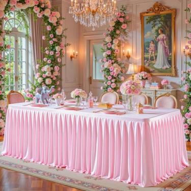 Imagem de Toalhas de mesa retangulares de cetim rosa, 2,5 m, com glitter, elastano, elástico, sem rugas, saia de mesa brilhante para casamentos, festas de chá de bebê, banquetes, eventos de fornecedores