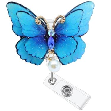 Imagem de Carretel de crachá de borboleta, clipe retrátil, suporte de crachá de identificação para estudante de enfermagem RN LPN CNA MA trabalhador médico professor médico clipe acessórios azul