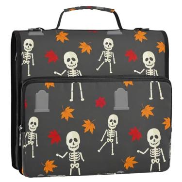 Imagem de CEBUGI Fichário de 3 anéis com zíper com alça de ombro, pasta de arquivo expansível de 3,8 cm, anéis D, para escola, escritório, Halloween, caveiras