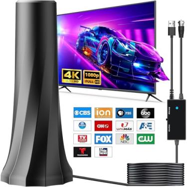 Imagem de Antena de TV para Smart TV e TV antiga, antena de TV HD digital 2025 com alcance de mais de 360°, suporta canais locais de recepção 1080p 4K, cabo longo de 4 m