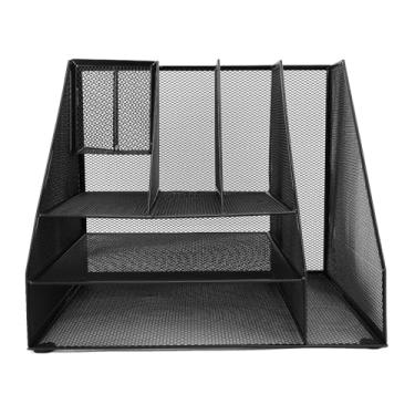 Imagem de KUIDAMOS Organizador de Mesa de Escritório Malha de Ferro Preta Bandeja de Papel de 3 Camadas e 2 Suportes para Caneta para Armazenamento Elegante de Mesa No Escritório Casa de Estudo Malha de Ferro
