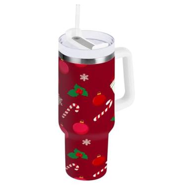 Imagem de Kigai Copo térmico de 1,134 g com alça, bagas de Natal e doces de cana, copos isolados com tampa e canudo, garrafa de água esportiva de metal grande, caneca de café de viagem de aço inoxidável