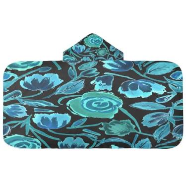 Imagem de CEBUGI Toalha de banho com capuz de flores azul-petróleo para crianças toalha de banho macia absorvente com capuz 127 x 59,7 cm toalha de banho de praia para meninos e meninas