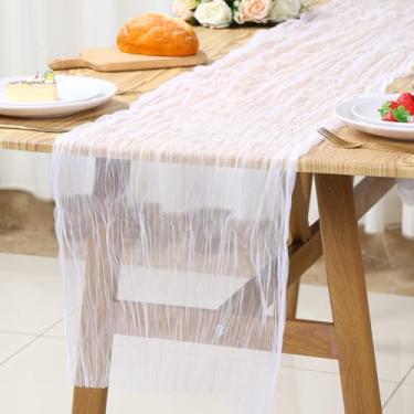 Imagem de Caminho de mesa de gaze de malha branca de 395 cm, gaze rústica boho bandeira de mesa tecido transparente, decoração de casamento de primavera para centro de mesa, chá de panela, festa de primeira