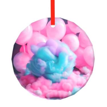 Imagem de Pingente de vidro redondo com estampa de algodão doce rosa requintado de 7,8 cm para pendurar na árvore de Natal, enfeites de Natal