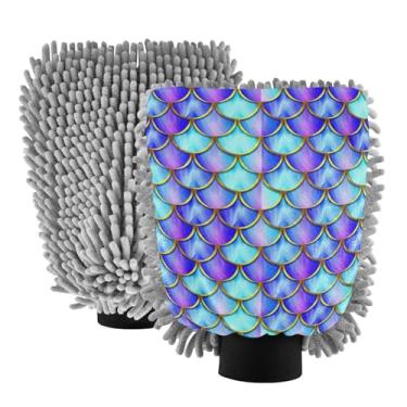 Imagem de STAYTOP Linda luva de microfibra colorida de sereia para lavagem de carro, 2 peças sem arranhões, sem fiapos, luva de microfibra de chenille premium escova para lavagem de carro-M