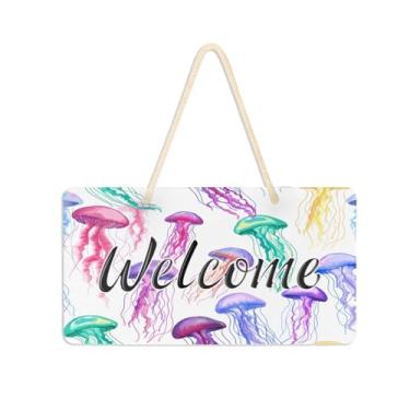 Imagem de Burbuja Placa de boas-vindas colorida de água-viva para porta da frente, placa de boas-vindas de PVC para decoração de férias de casa de fazenda, 15 x 28 cm