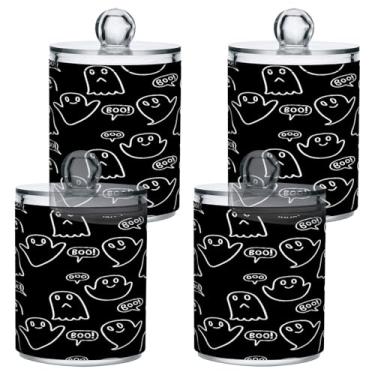 Imagem de STAYTOP 4 frascos de boticário com dispensador Qtip para banheiro com etiquetas – Recipiente de armazenamento Qtip de plástico transparente para bola de algodão, cotonete, grão de café - fantasmas de